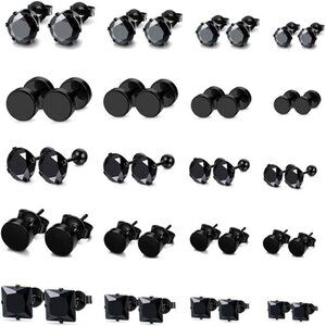 20 Pairs Stainless Steel Black Stud Earrings for Men Earring